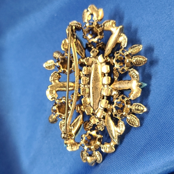 Vintage AUSTRIA Turquoise Rhinestone Brooch Purple Crystal Pin Ornate Antique - Picture 4 of 16